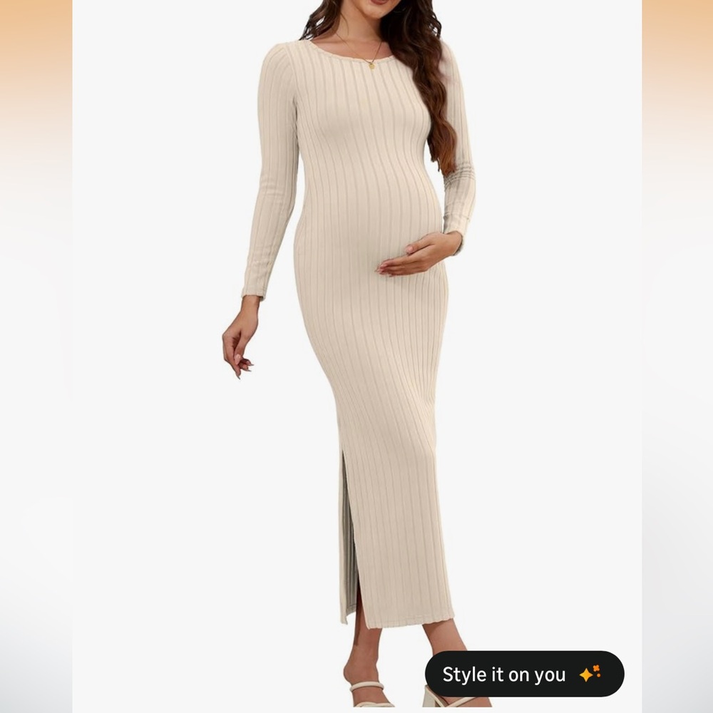 Ribbed Long Sleeve Maternity Maxi Dress - Cream
